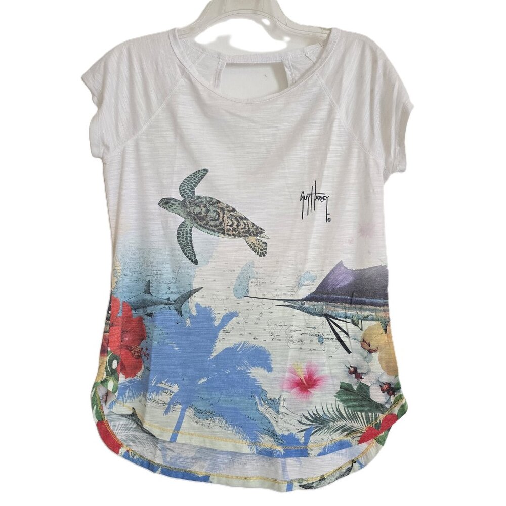 Guy Harvey Tropical Sea Life Turtle/Marlin Cut-Out Back Tee, White, Medium